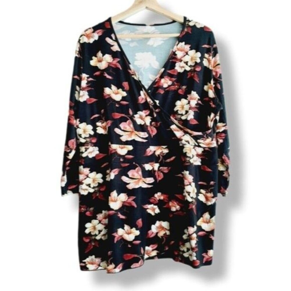 BLUE SKY Bamboo Blend Faux Wrap V-neck Floral Blouse Fairt Trade Sz 1X